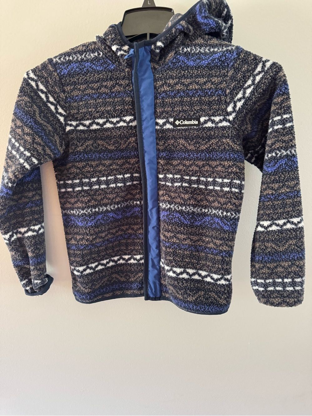 Columbia Kids Hooded Sherpa Jacket in Blue, Brown & White M